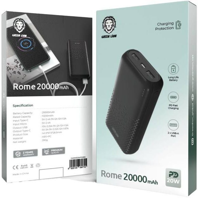 پاوربانک گرین مدل Rome Ultra Slim ظرفیت ۲۰۰۰۰ میلی آمپر ساعت